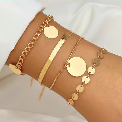 China FASHIONABLE KISSWIFE Hip Hop Snake Chain Bracelet Gold Metal Disc Layered Charm Cuban Link Bracelet For Women for sale