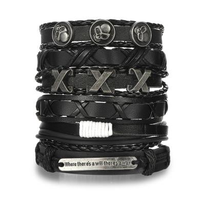 China KISSWIFE Vintage Fashion Jewelry Adjustable Vintage Skull Ladies Layered Letter Hand Punk Leather Bracelet For Men for sale