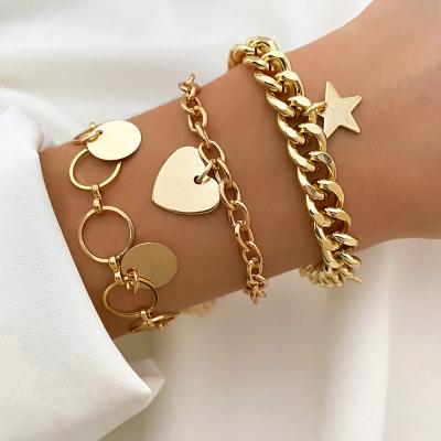 China TRENDY Vintage 18K Thin Layer Gold Star Round Disc Chain KISSWIFE Cuban Link Bracelet Punk Jewelry For Women Men for sale