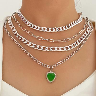 China KISSWIFE TRENDY Flat Ribbon Emerald Multi Thick Scarf 4 Layers Heart Pendant Green Chain Necklace For Women for sale