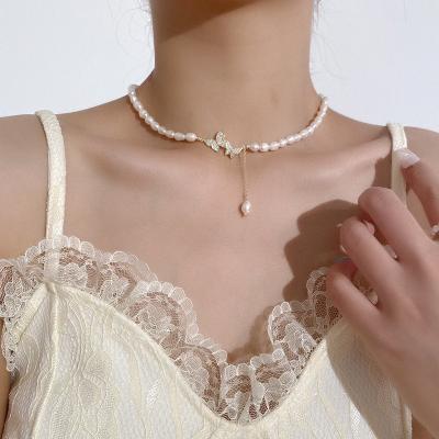 China KISSWIFE TRENDY Fashion Crystal Butterfly Lariat Women Choker Elegant Freshwater Pearl Charm Chain Necklace for sale