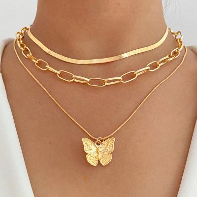 China KISSWIFE Women TRENDY Gold Thin Multi Layers Hip Hop Butterfly Pendant Scarf 3 Layers Snake Chain Necklace for sale