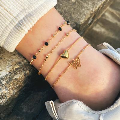 China KISSWIFE Fashion Jewelry Handmade Gold Plated Multi Layers Heart Leg Chain Anklet Bohemia Butterfly Anklets for sale