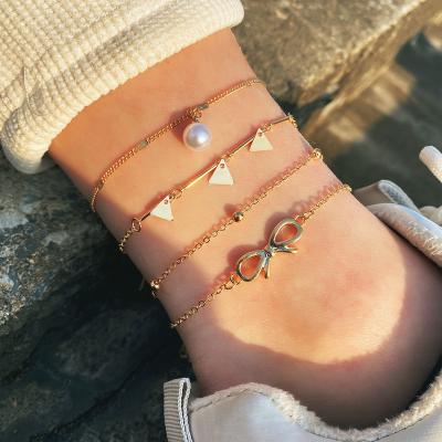 China KISSWIFE Handmade Gold Plated Bowknot Layers Freshwater Pearl Bohemia Pearl Anklets Multi Chain Anklet Jewelry for sale