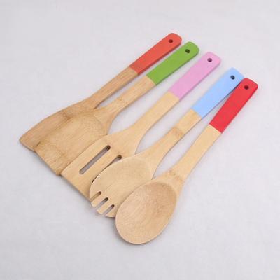 China 5 Piece Sustainable Bamboo Wood Non-Stick Cookware Set - Wooden Spoons and Spatula Utensil Set with Multi-Colored Handles for sale