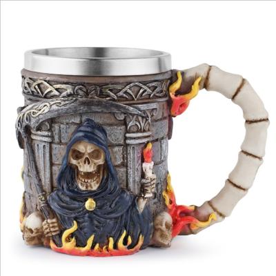 China Wholesale 3D Disposable Stainless Steel Skeleton Cup For Halloween Creative Resin Skull Coffee Mug for sale