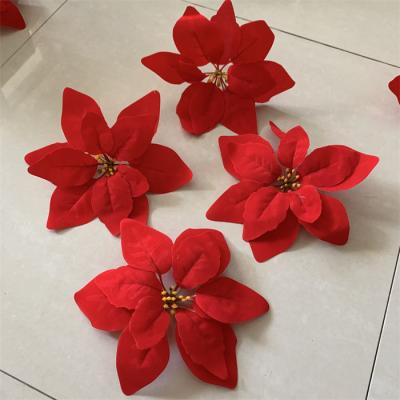 China L-115 Cheapest Velvet Christmas Decoration Flowers Red Velvet Material Artificial Poinsettia Flower for sale