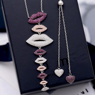 China 2021 Romantic New Designer Colorful Long Zirconia Zircon Lip Necklace For Women for sale