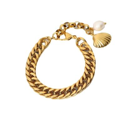 China CLASSIC Stainless Steel Pearl Bracelet 18K Freshwater Gold Plated Double Chain 10mm Cuban Chunky Bracelet Women for sale