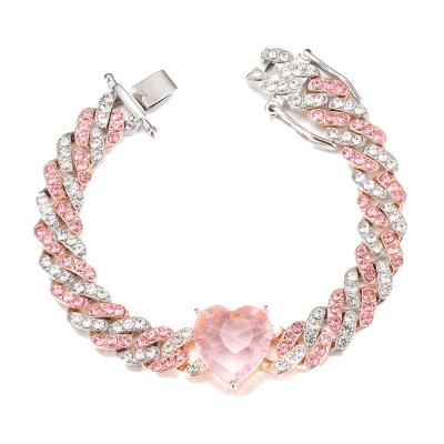 China FASHIONABLE Cuban Two-Tone Color Popular Cuban Color Full Heart 9mm Peach Factory Faux Stone Bracelet Direct Chain FASHIONABLE for sale