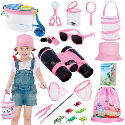 China Custom Outdoor Exploration Kit Bug Catching Kit TELESCOPE Bestner Nature Explorer Kit with Magnifying Glass Butterfly Toys Big Net Pink for sale