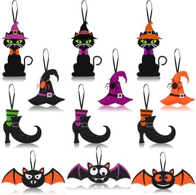 China Minimalist 12 Piece Halloween Felt Ornaments Witch Hat Decor Colorful Black Hanging Cat Felt Ornaments Happy Bat Halloween for sale