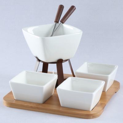 China Viable Wholesale Custom White Porcelain Fondue Candle Factory Ceramic Cheese Fondue Pot Set For Restaurant for sale