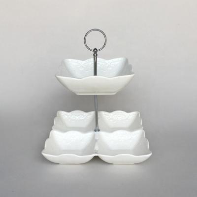 China Promotional Antique 2 Tier Home White Fruit Porcelain Serving Bowls With Iron Stand for sale