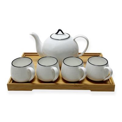 China Sustainable Single Drinkware Hotel European Tea Cup Sets 5 Pcs Ceramic Custom Tea Set With Wooden Tray for sale