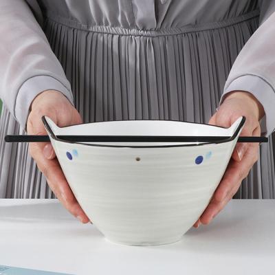 China Cheap Custom Japanese Style Ceramic Noodle Restaurant Tableware Viable Ceramic Ramen Bowl Ceramic Noodle Bowls With Chopsticks for sale