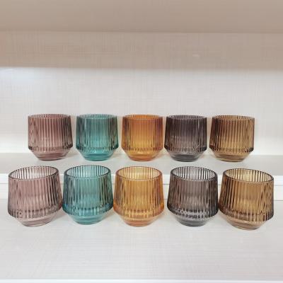 China Two Sizes Nice Geometric Pattern Colored Glass Candle Holder for sale