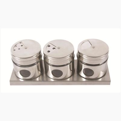 China Viable Set 3 Custom Glass Spice Shaker With Metal Stand Stainless Steel Salt Pepper Shakers for sale