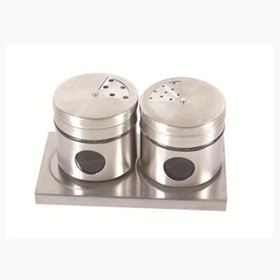 China 2 Pieces Sustainable Custom Glass Spice Shaker With Metal Stand Stainless Steel Salt Pepper Shaker for sale