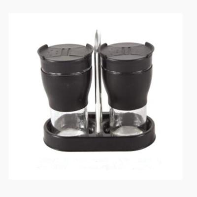 China Viable Set 2 Spice Black Metal Clad Glass Shaker With Metal Stand Stainless Steel Herb Shaker for sale