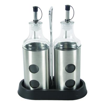 China Viable Set 2 Stainless Steel Oil Vinegar Coated Glass Bottles In Plastic Holder Glass Spice Shakers for sale