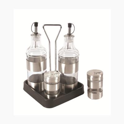 China Viable set 4 stainless steel oil vinegar coated glass bottles and glass salt pepper shakers in metal rack for sale