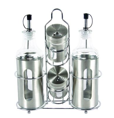 China Viable set 4 stainless steel oil vinegar coated glass bottles and glass salt pepper shakers in metal rack for sale