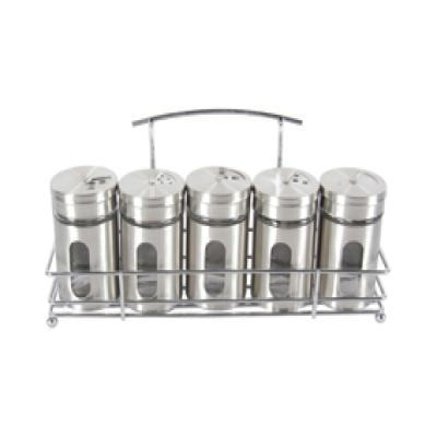 China Viable Set 5 Stainless Steel Coated Glass Spice Jars With Metal Holder Glass Salt Pepper Shakers In Metal Holder for sale