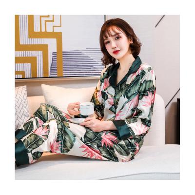 China Small and pure and cool QUICK DRY leaves printed spring pajamas Autumn Ladies Long Sleeve Trousers pajamas for sale