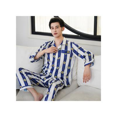 China Anti-Wrinkle Striped Soft High-end Silky Lapel Pajamas Long Sleeve Mens Pajamas Pants Pajamas for sale