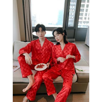 China Hot Selling QUICK DRY Good Quality Grid Pajamas Women Red Silk Couples Sleepwear Matching Sets for sale