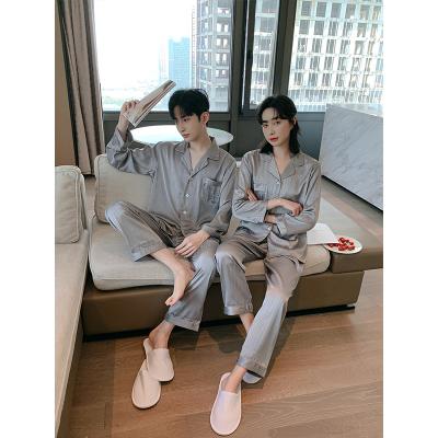 China Wholesale QUICK DRY Gray Line Letter Women Silk High Quality Couples Sleepwear Pajamas Set for sale