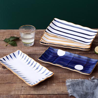 China Japanese Style Sustainable Sushi Plates 11 Inh Rectangular Baking Dish Restaurant Use Stripes Household Ceramic Dishes for sale