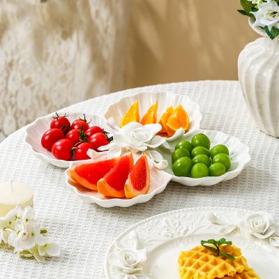 China Retro Flower Dish Handmade European Style Viable Relief 3D Sticky Flowers Plate Home Decoration Ceramic Fruit Dish for sale