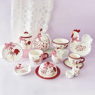 China Viable Wholesale Red Floral Chicken Shape Bowl Dish Dish Cute Cup Set Three-Dimensional Relief Ceramic Tableware Set for sale