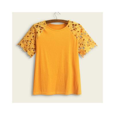 China Fashion Trend Ladies Solid Color Mesh Lace Sleeve T-shirt Breathable Antique Top for sale