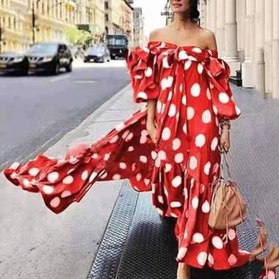 China 2021 New Women's Anti-Static Polka Dot Polka Dot Bohemian One-shoulder Dress Casual Long Sleeve Polka Dress for sale