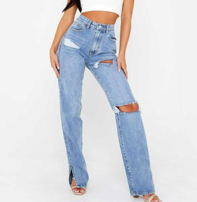 China Street Viable Women's Straight-Leg High-waisted Slimming High-Micro Flare Pants Ripped Denim Pants for sale