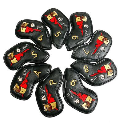 China PU Leather Golf Iron Head Covers Super Dog Iron Head Cover Design Black PU Leather Iron Headcover 4-9, P, X, A 9pcs/set for sale