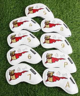 China PU Leather Golf Iron Head Covers Super Dog Iron Head Cover Design White Premium PU Leather Iron Headcover 4-9, P, X, A 9pcs /set for sale