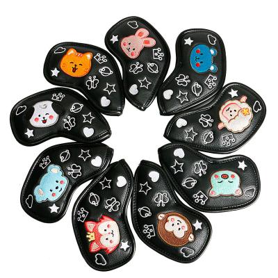 China PU Leather Cute Animals Golf Iron Head Covers Black Premium PU Leather Double-sides Embroidery Iron Headcover 4-9, P, X, A 9pcs/set for sale