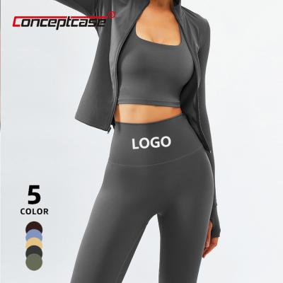 China 3 Piece Breathable Custom Active Wear Yoga Set With Vest Halter Neck Sports Bra Zipper Jacket And Legging Suit Sportswear Gym Fitness Set for sale