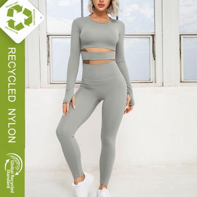 China Breathable PC 2 Yoga Wear Sets Eco-Friendly Recycled Fabric Fitness Gym Sports Workout Clothes Suit Sportswear Women Long Sleeve Yoga Set for sale