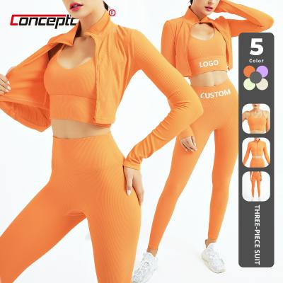 China Drop Shipping Gym Fitness Activewear Suit Breathable Women Sports Long Sleeved Active Clothing Ribbed Yoga Workout Wear Set With Zipper for sale