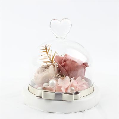 China Decoration & Preserved forever gift morandi rose in small heart glass dome for girl gift for sale