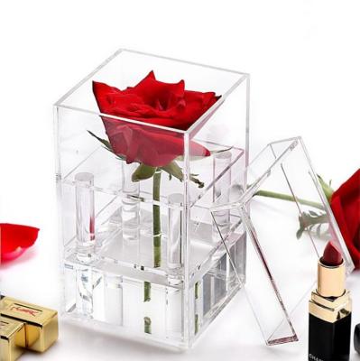 China Gift Box For Christmas Roses Flower Clear Acrylic Packaging Box With 1 Hole For Preserved Eternal Rose Flowers for sale