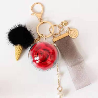 China Popular Factory Luxury Chinese Instagram Key Chain Self-Defense 5cm Beautiful Rose Preserved Flower Key Chain Key Chain For Gift Craft Or Valentines Gift for sale