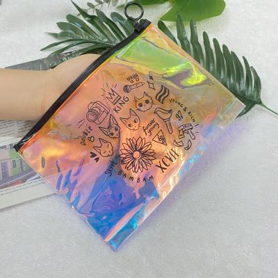 China Custom Recycled Purple Laser Hologram PVC Zipper Plastic Cosmetic Bag Holographic Zip Lock Bag Recyclable for sale