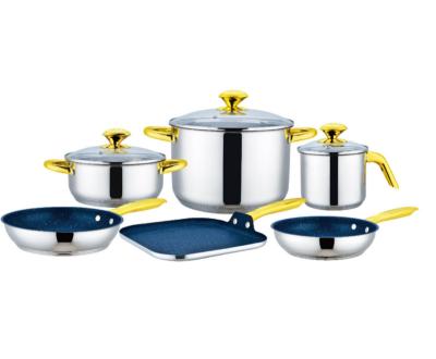 China Sustainable 9pcs Durable Multi-Functional Big Cooking Pots Sets Stainless Steel Knob Cookware Lid Stainless Steel Cookware With Lid for sale