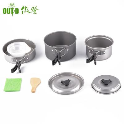 China Sustainable Durable 2 Person Camping Aluminum Hard Anodized Cookware Set For Outdoor Cooking for sale